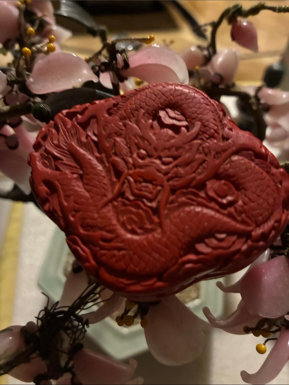 Carved Red Dragon Cinnabar Compact box